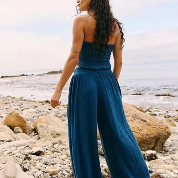 Free People Solange Set Deep Seas Ruffled Pull-On Wide-Leg Smocked Top & Pants - Picture 2 of 7